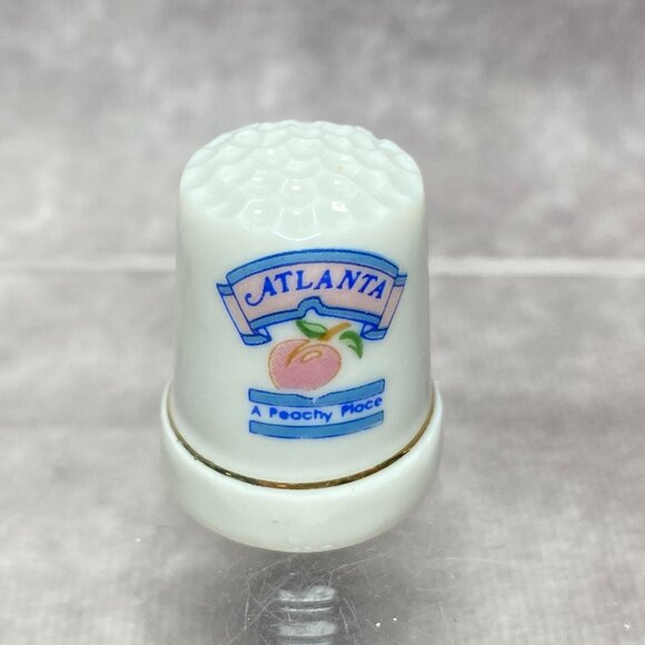 Atlanta Souvenir Thimble White Porcelain Gold Trim Peach Design, A Peachy Place - Picture 2 of 9